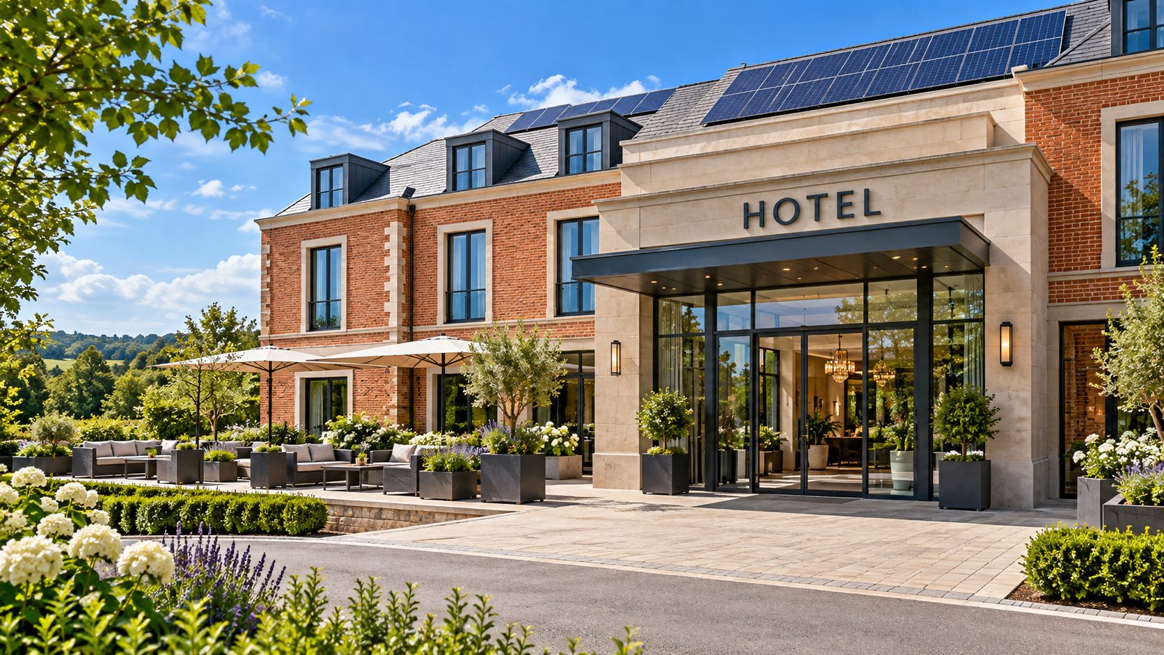 Hotel with rooftop solar and landscaped entrance