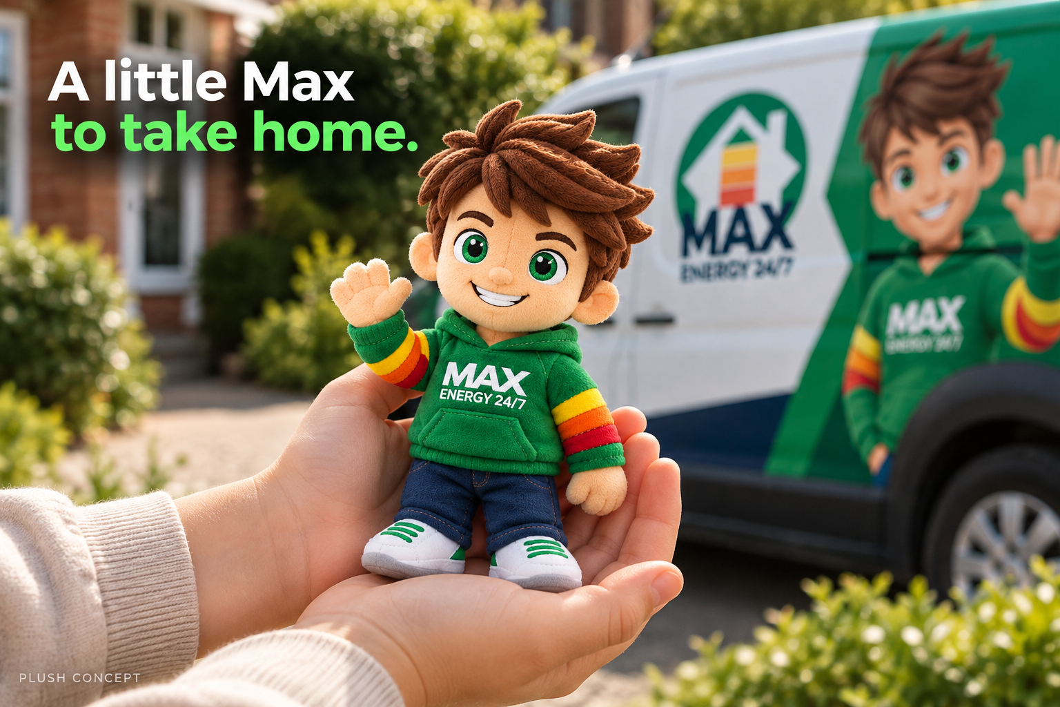 Mini Max plush concept held outside a Max Energy vehicle