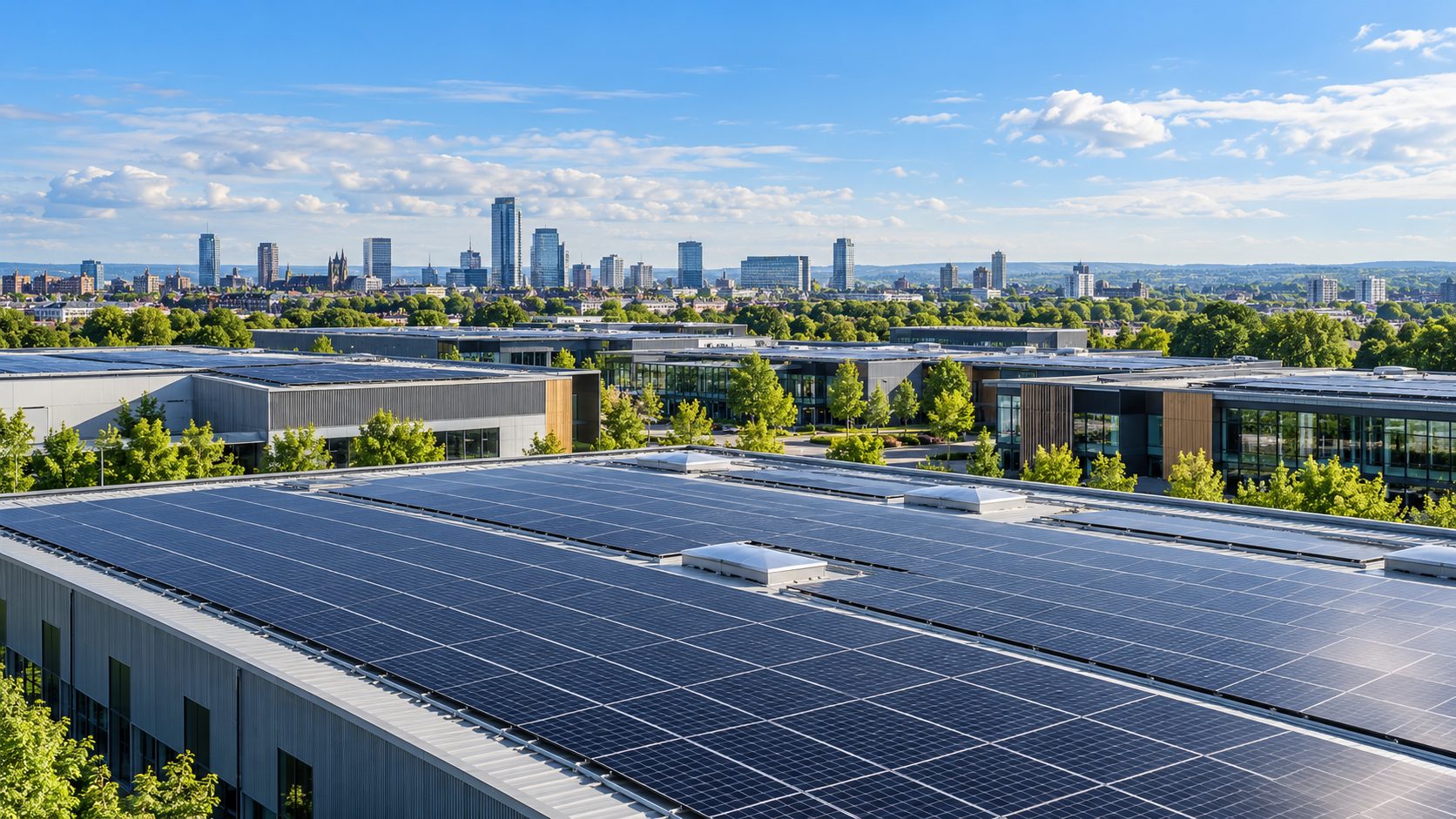 Large commercial rooftops covered with solar panels near a city skyline