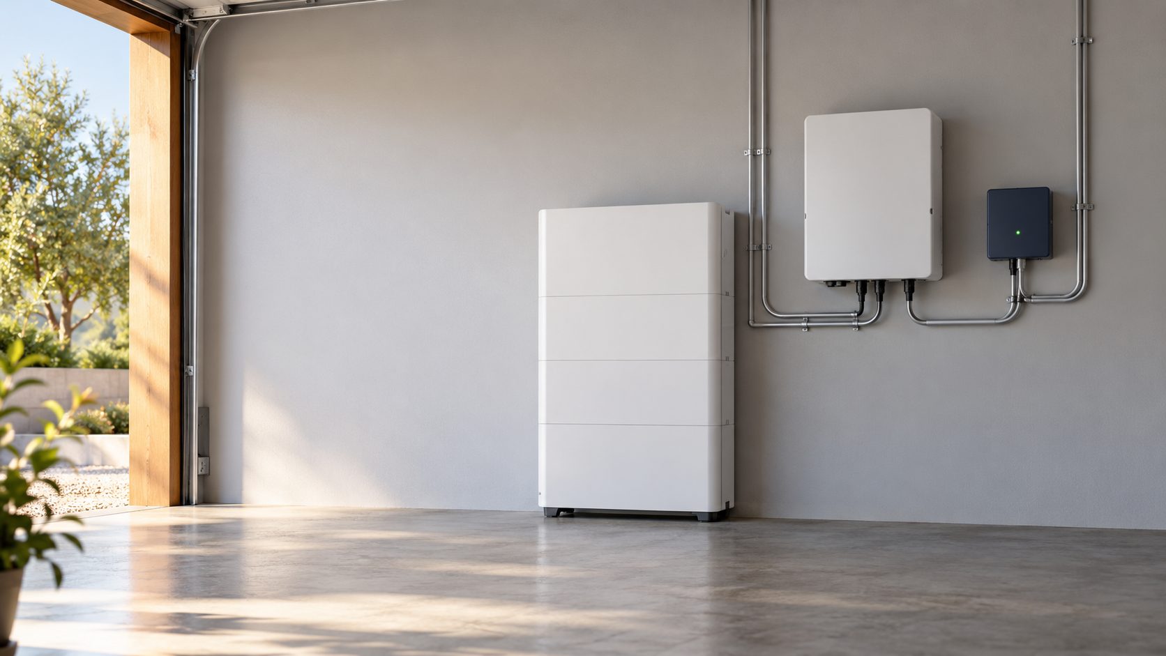 Home battery and inverter neatly installed on a garage wall