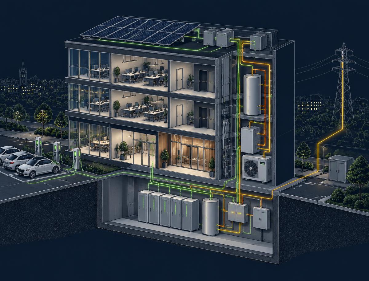 Connected building energy system with solar, batteries, heating and EV charging