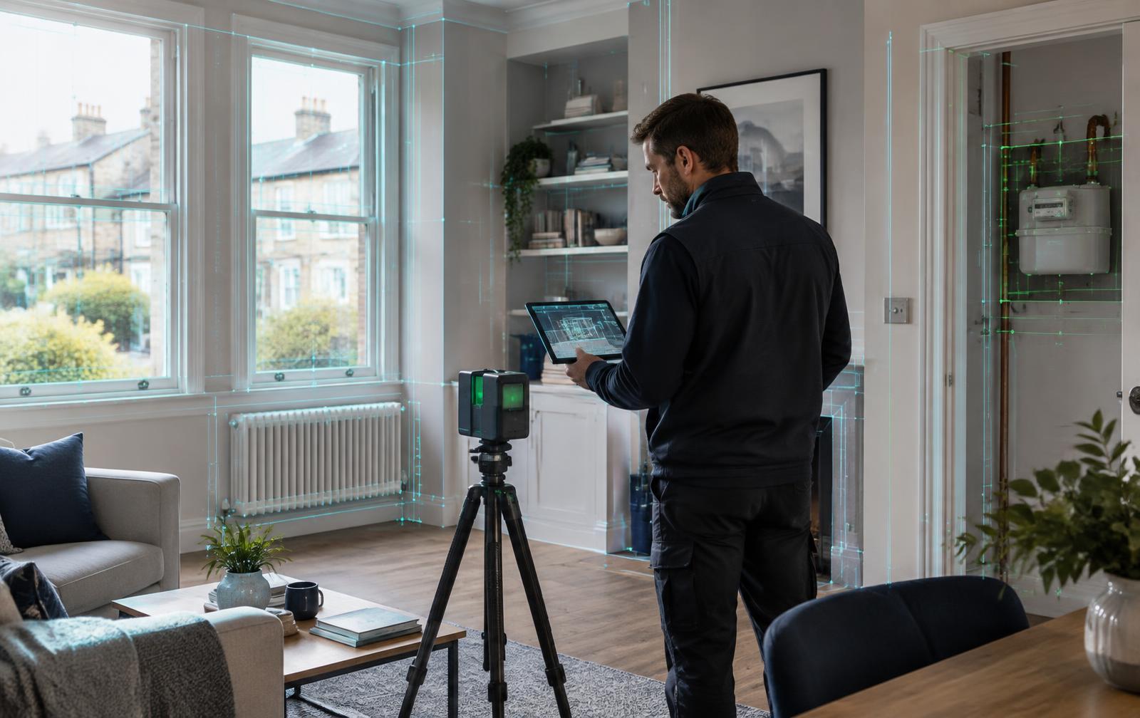 Surveyor measuring and reviewing a home before energy improvements