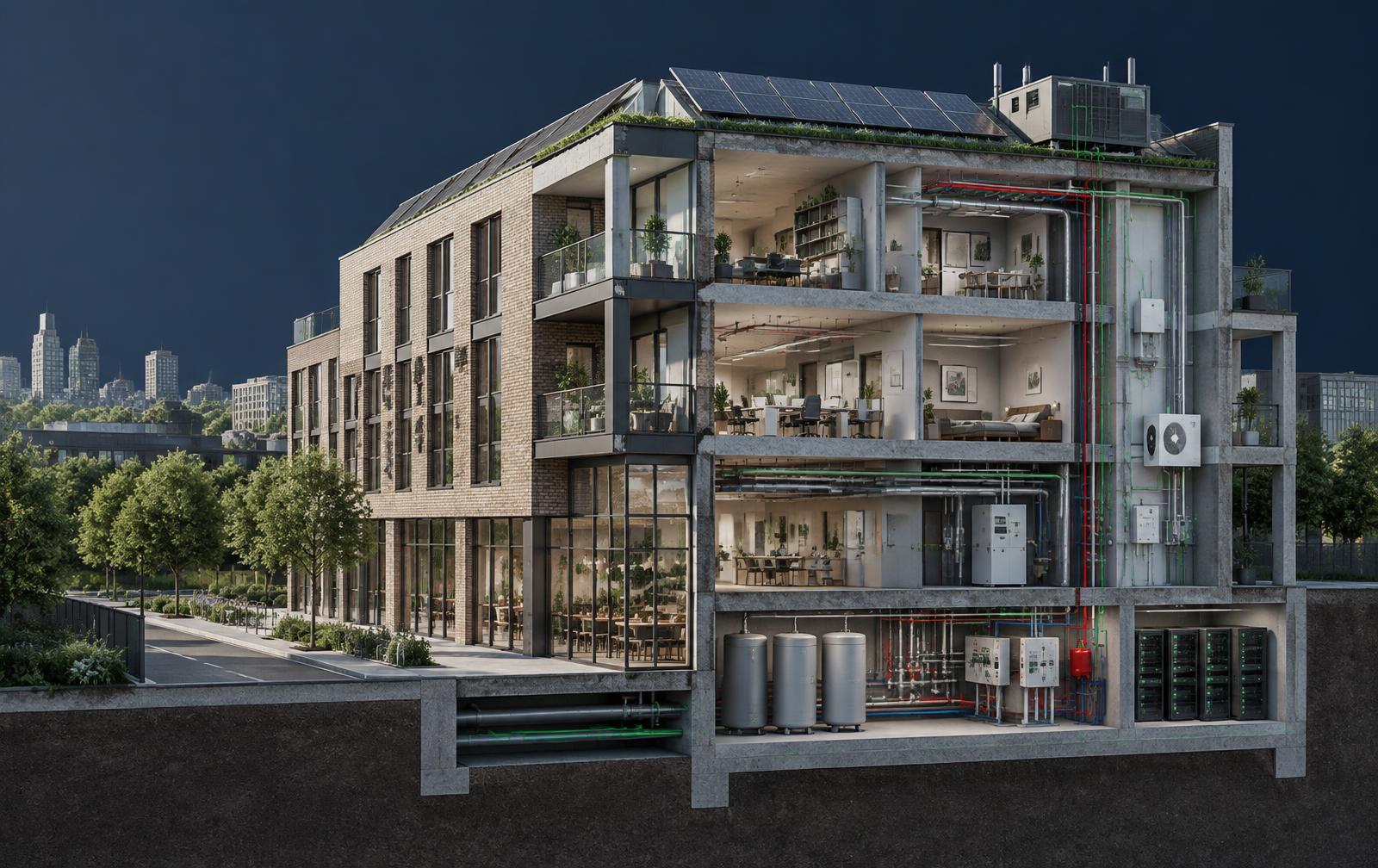 Illustrative cutaway of a building with energy and services layers visible