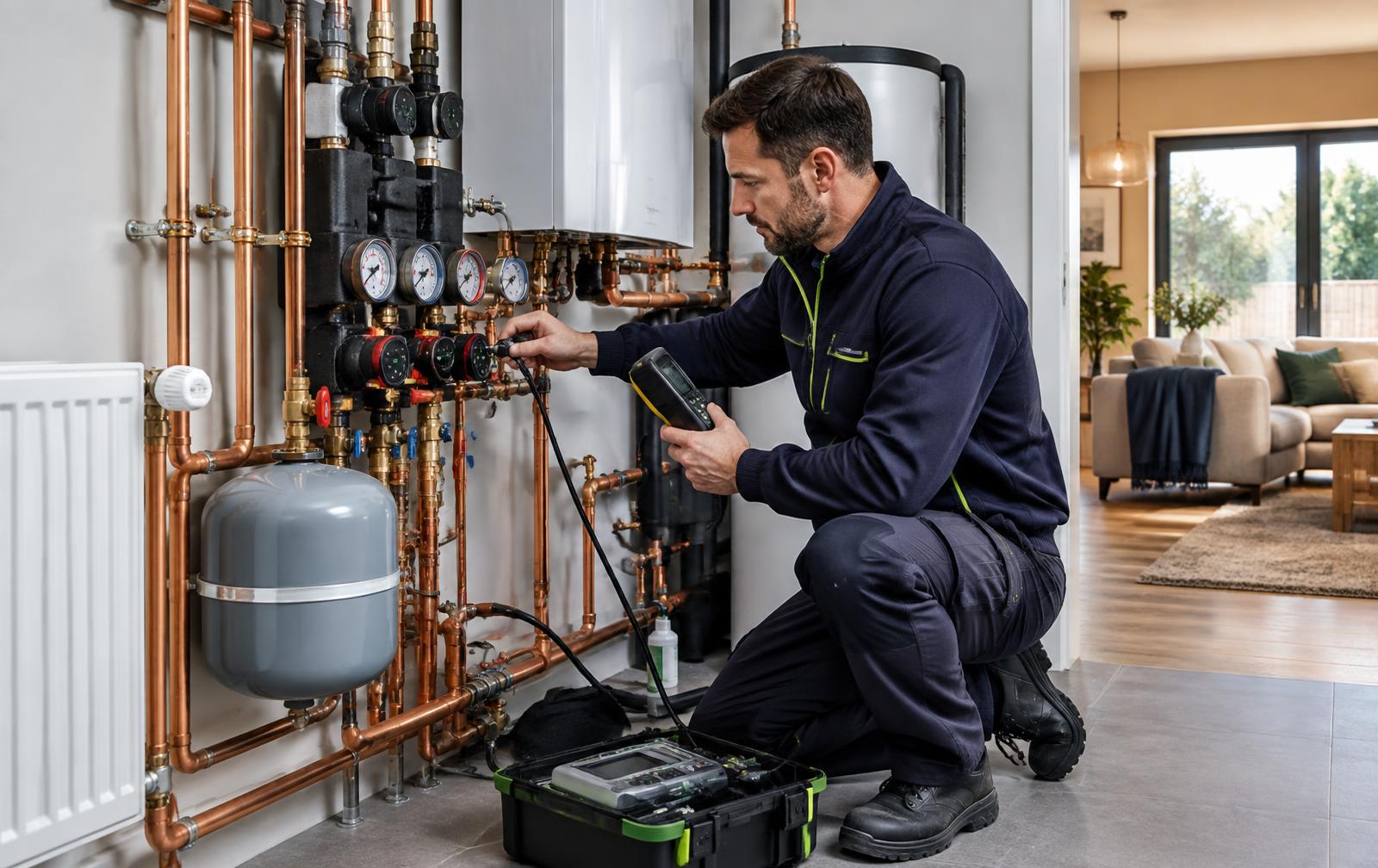 Heating engineer testing a modern wet central-heating system