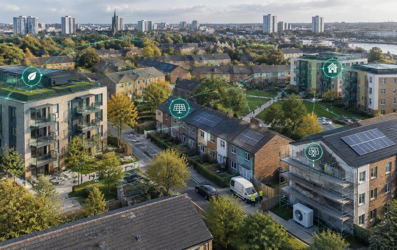 British housing estate with solar, heat pumps and connected energy planning